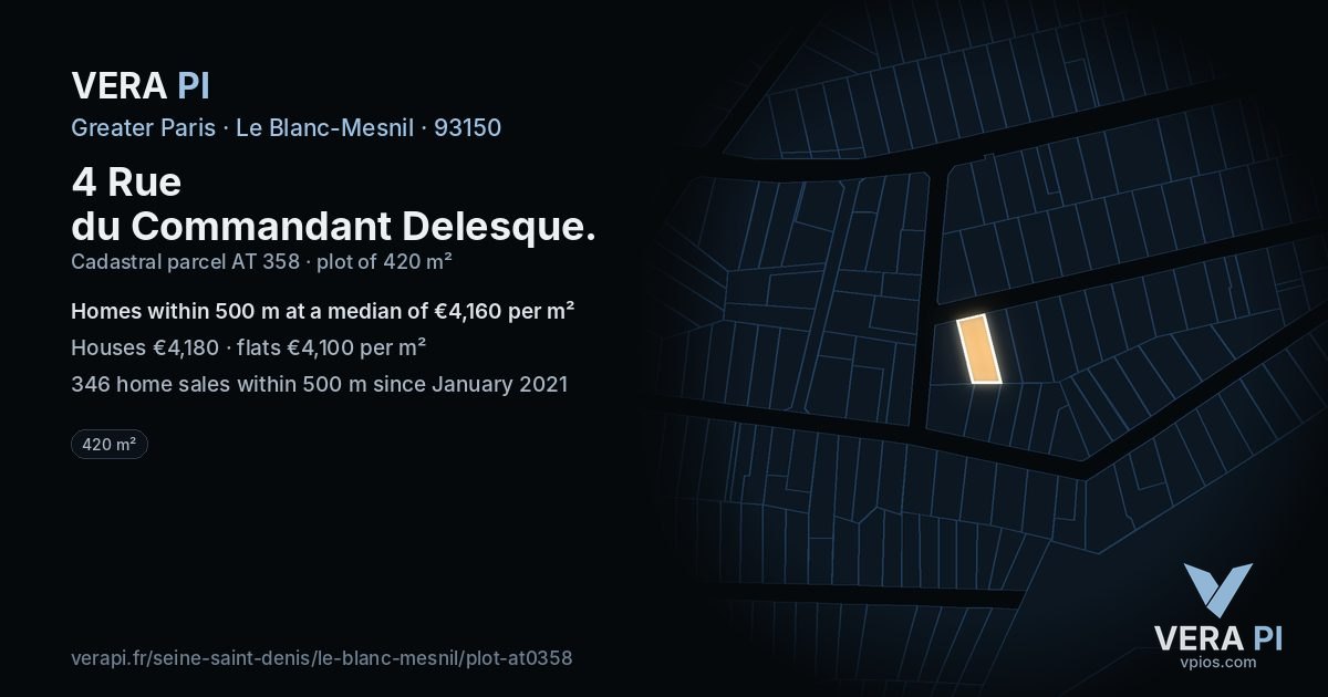 4 Rue du Commandant Delesque, Le Blanc-Mesnil at night – the plot lit, the parcels around coloured by the prices near them