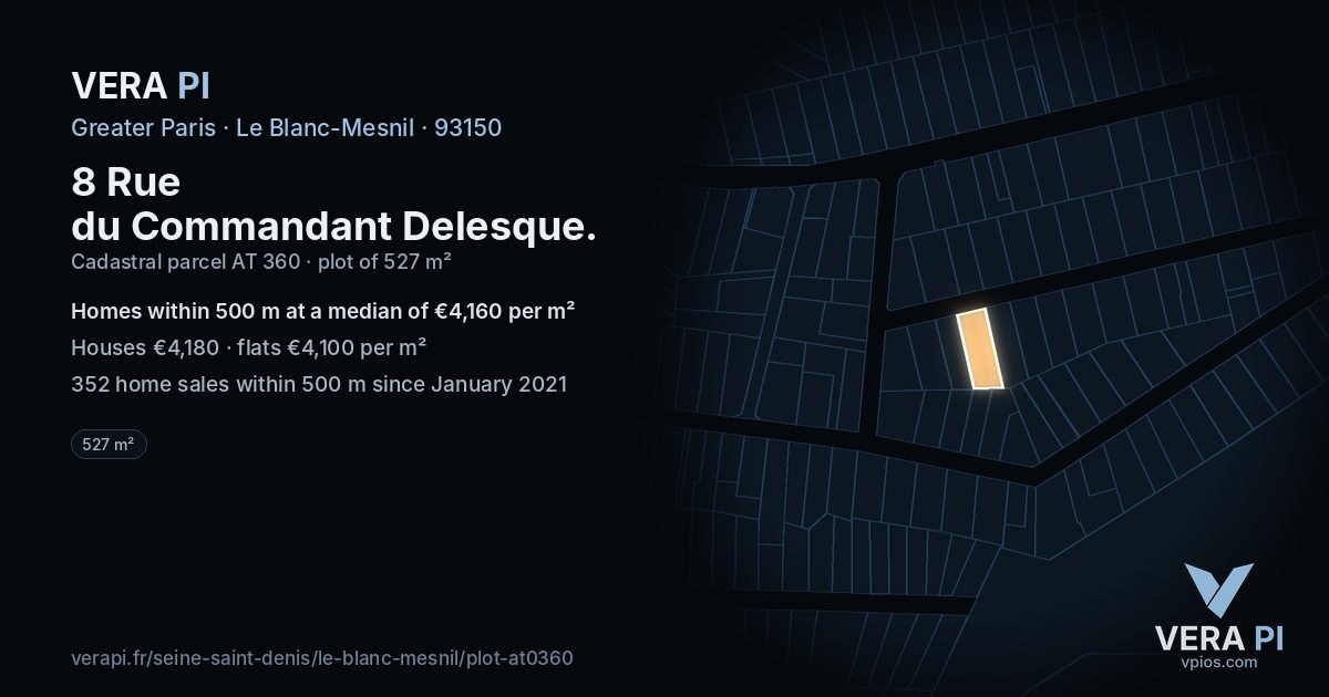 8 Rue du Commandant Delesque, Le Blanc-Mesnil at night – the plot lit, the parcels around coloured by the prices near them