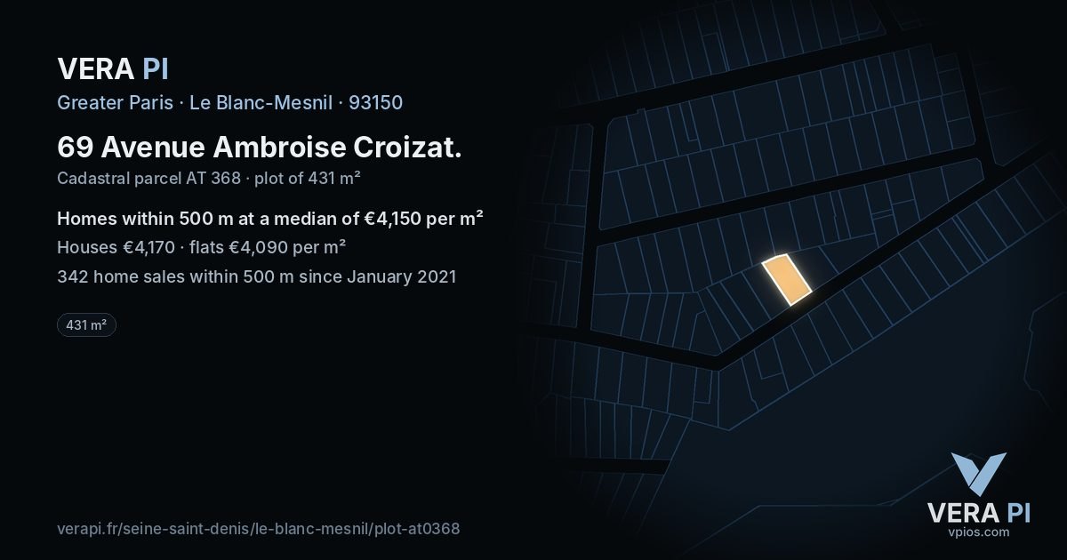 69 Avenue Ambroise Croizat, Le Blanc-Mesnil at night – the plot lit, the parcels around coloured by the prices near them