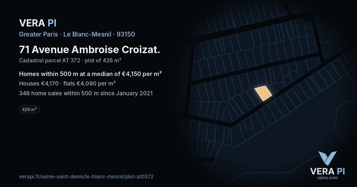 71 Avenue Ambroise Croizat, Le Blanc-Mesnil at night – the plot lit, the parcels around coloured by the prices near them