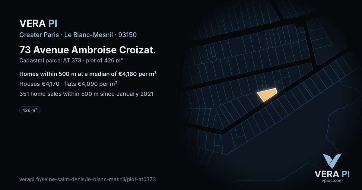 73 Avenue Ambroise Croizat, Le Blanc-Mesnil at night – the plot lit, the parcels around coloured by the prices near them