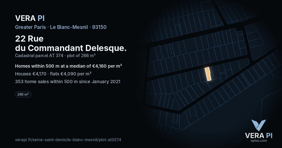 22 Rue du Commandant Delesque, Le Blanc-Mesnil at night – the plot lit, the parcels around coloured by the prices near them