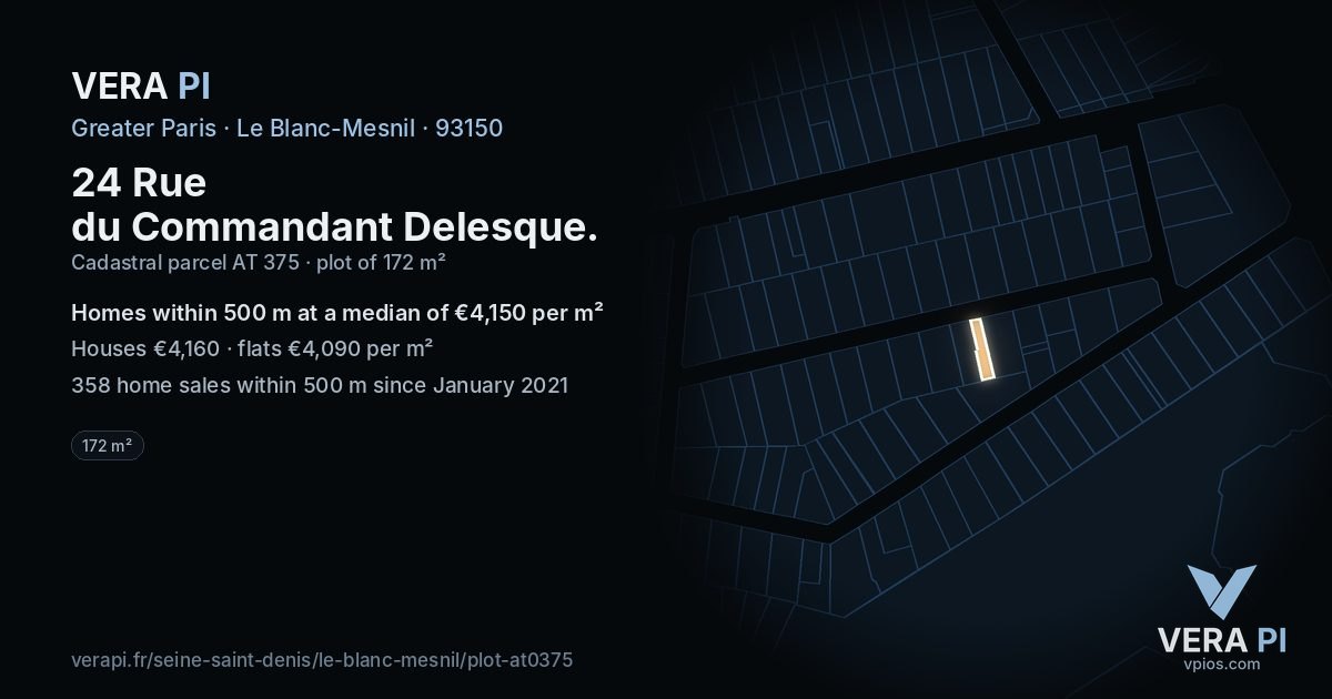 24 Rue du Commandant Delesque, Le Blanc-Mesnil at night – the plot lit, the parcels around coloured by the prices near them
