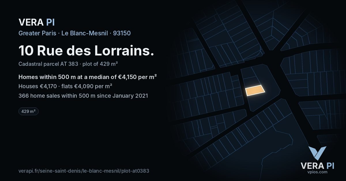 10 Rue des Lorrains, Le Blanc-Mesnil at night – the plot lit, the parcels around coloured by the prices near them