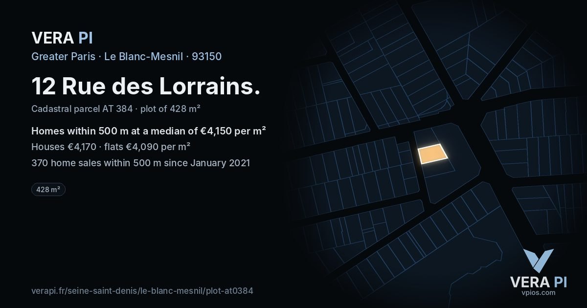 12 Rue des Lorrains, Le Blanc-Mesnil at night – the plot lit, the parcels around coloured by the prices near them