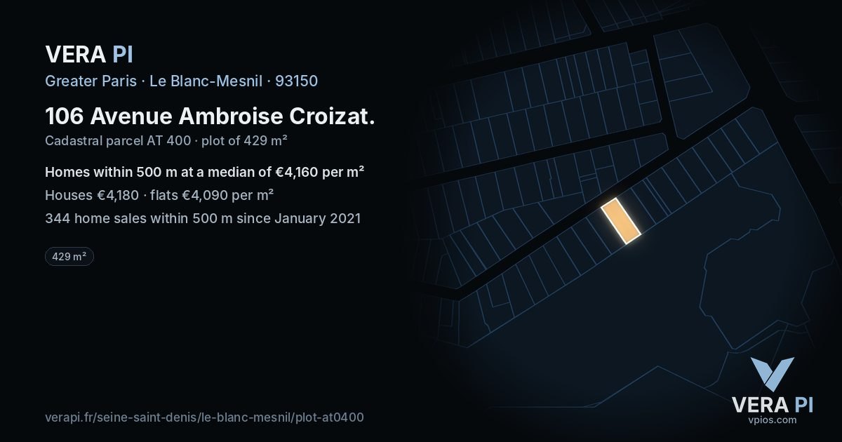 106 Avenue Ambroise Croizat, Le Blanc-Mesnil at night – the plot lit, the parcels around coloured by the prices near them
