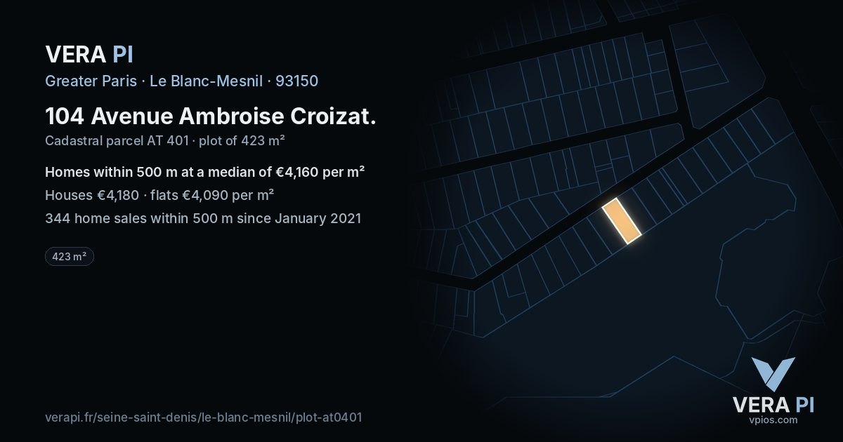 104 Avenue Ambroise Croizat, Le Blanc-Mesnil at night – the plot lit, the parcels around coloured by the prices near them