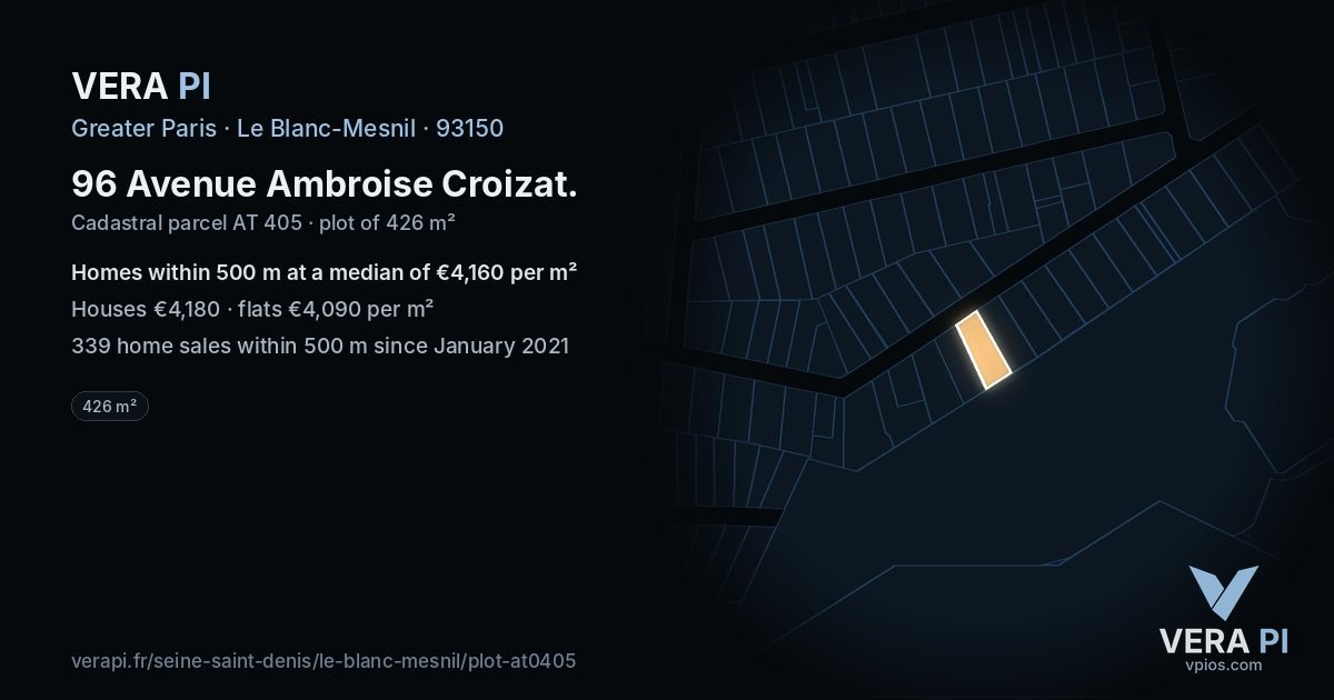 96 Avenue Ambroise Croizat, Le Blanc-Mesnil at night – the plot lit, the parcels around coloured by the prices near them