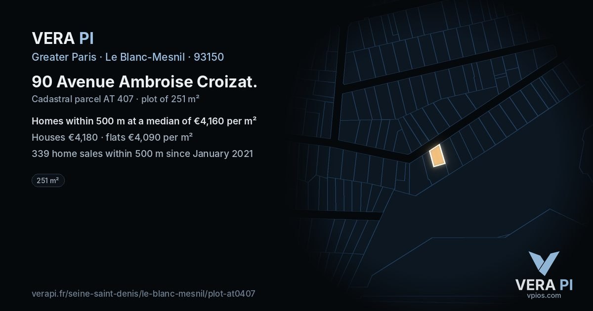 90 Avenue Ambroise Croizat, Le Blanc-Mesnil at night – the plot lit, the parcels around coloured by the prices near them