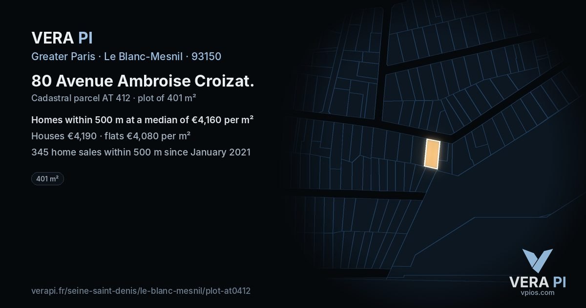 80 Avenue Ambroise Croizat, Le Blanc-Mesnil at night – the plot lit, the parcels around coloured by the prices near them