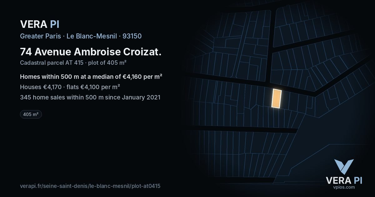 74 Avenue Ambroise Croizat, Le Blanc-Mesnil at night – the plot lit, the parcels around coloured by the prices near them