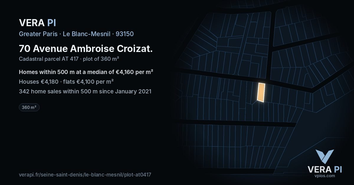 70 Avenue Ambroise Croizat, Le Blanc-Mesnil at night – the plot lit, the parcels around coloured by the prices near them