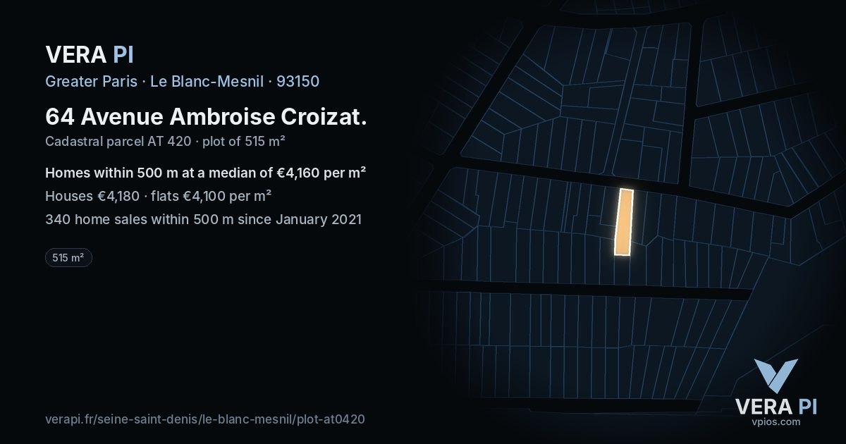 64 Avenue Ambroise Croizat, Le Blanc-Mesnil at night – the plot lit, the parcels around coloured by the prices near them