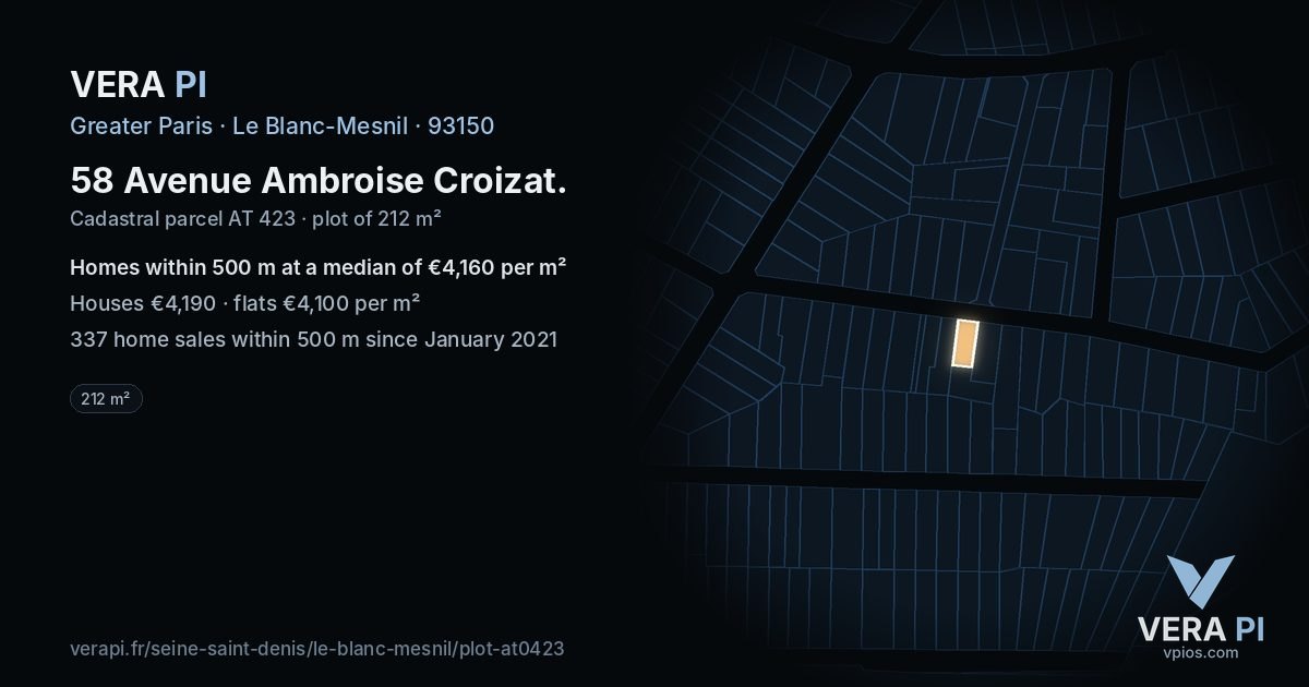 58 Avenue Ambroise Croizat, Le Blanc-Mesnil at night – the plot lit, the parcels around coloured by the prices near them