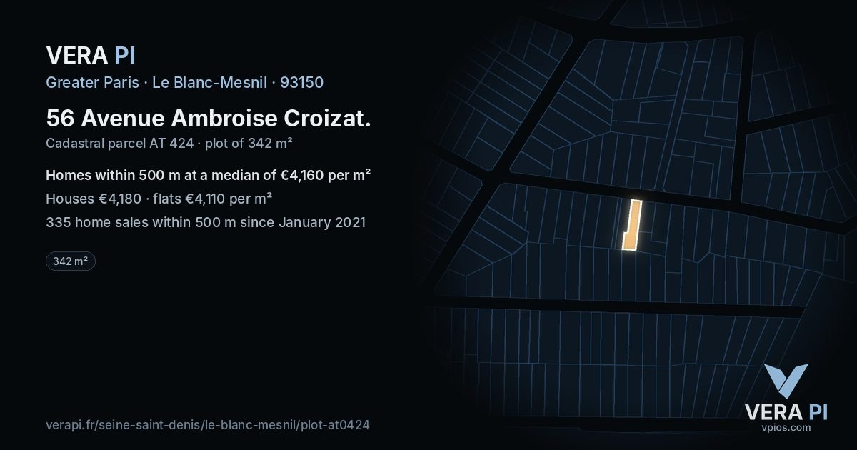 56 Avenue Ambroise Croizat, Le Blanc-Mesnil at night – the plot lit, the parcels around coloured by the prices near them