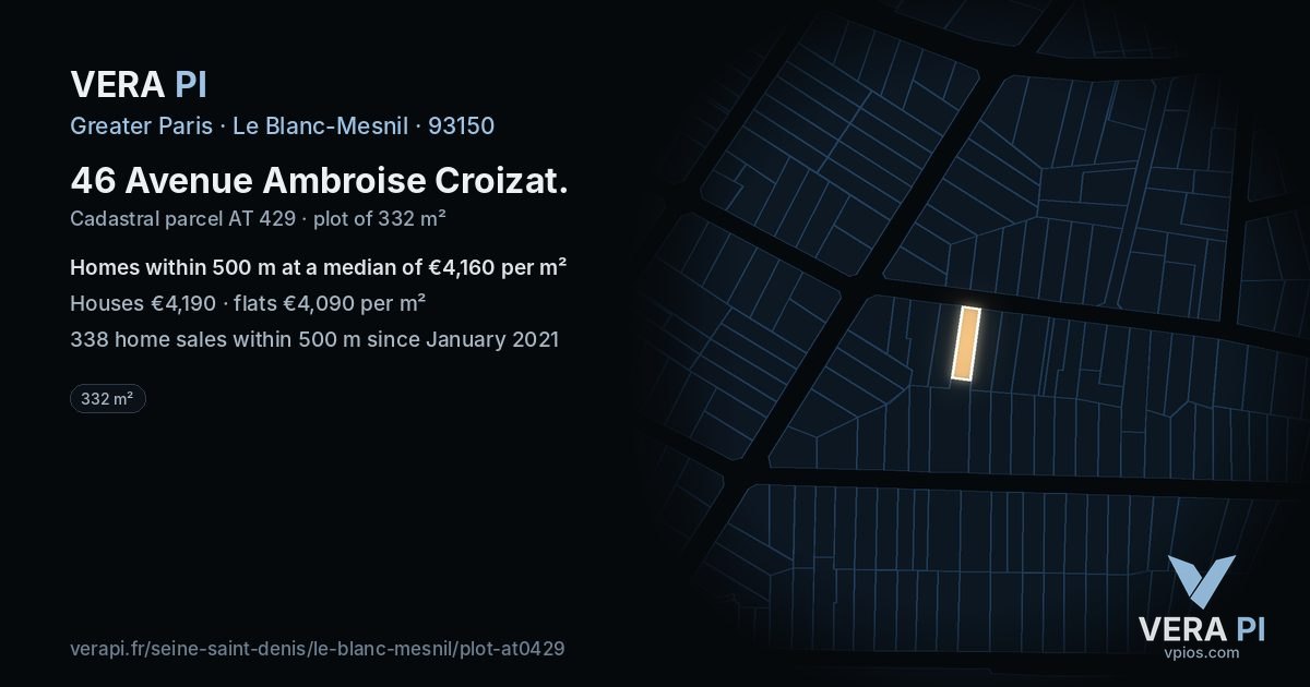 46 Avenue Ambroise Croizat, Le Blanc-Mesnil at night – the plot lit, the parcels around coloured by the prices near them