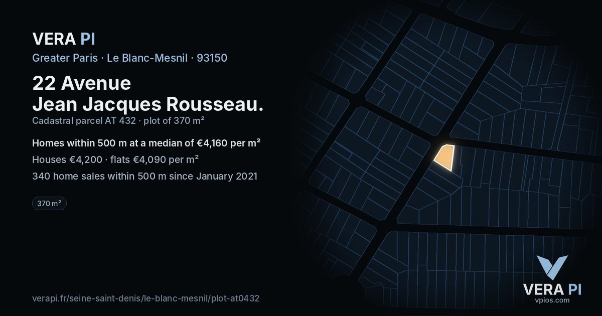 22 Avenue Jean Jacques Rousseau, Le Blanc-Mesnil at night – the plot lit, the parcels around coloured by the prices near them