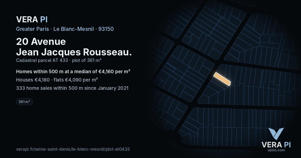 20 Avenue Jean Jacques Rousseau, Le Blanc-Mesnil at night – the plot lit, the parcels around coloured by the prices near them