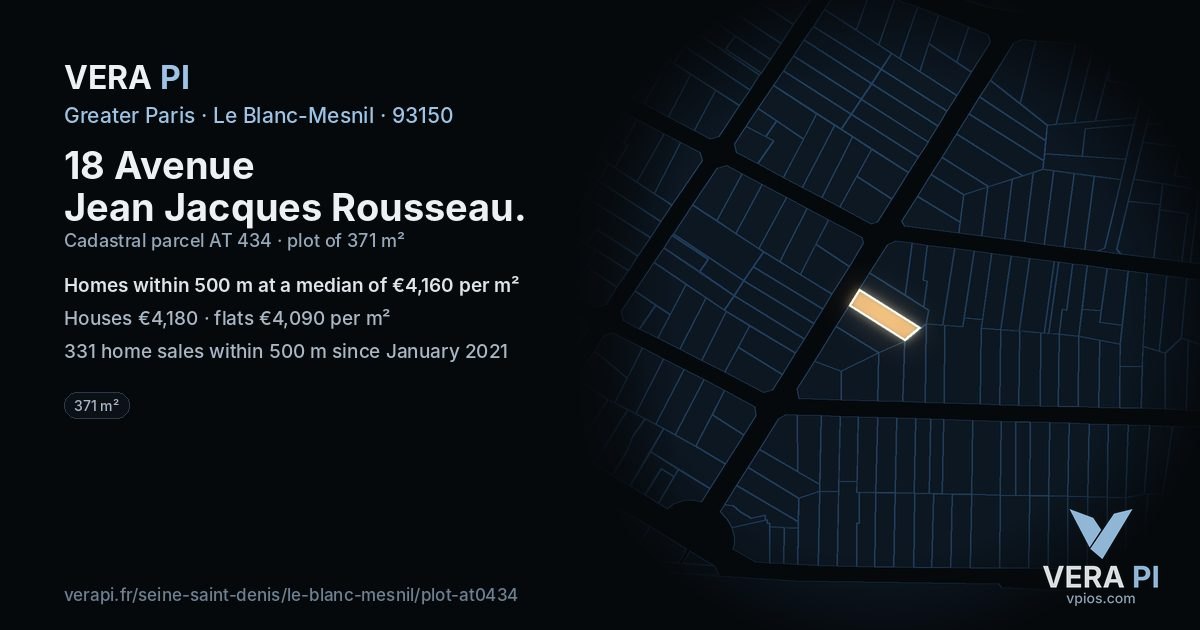 18 Avenue Jean Jacques Rousseau, Le Blanc-Mesnil at night – the plot lit, the parcels around coloured by the prices near them