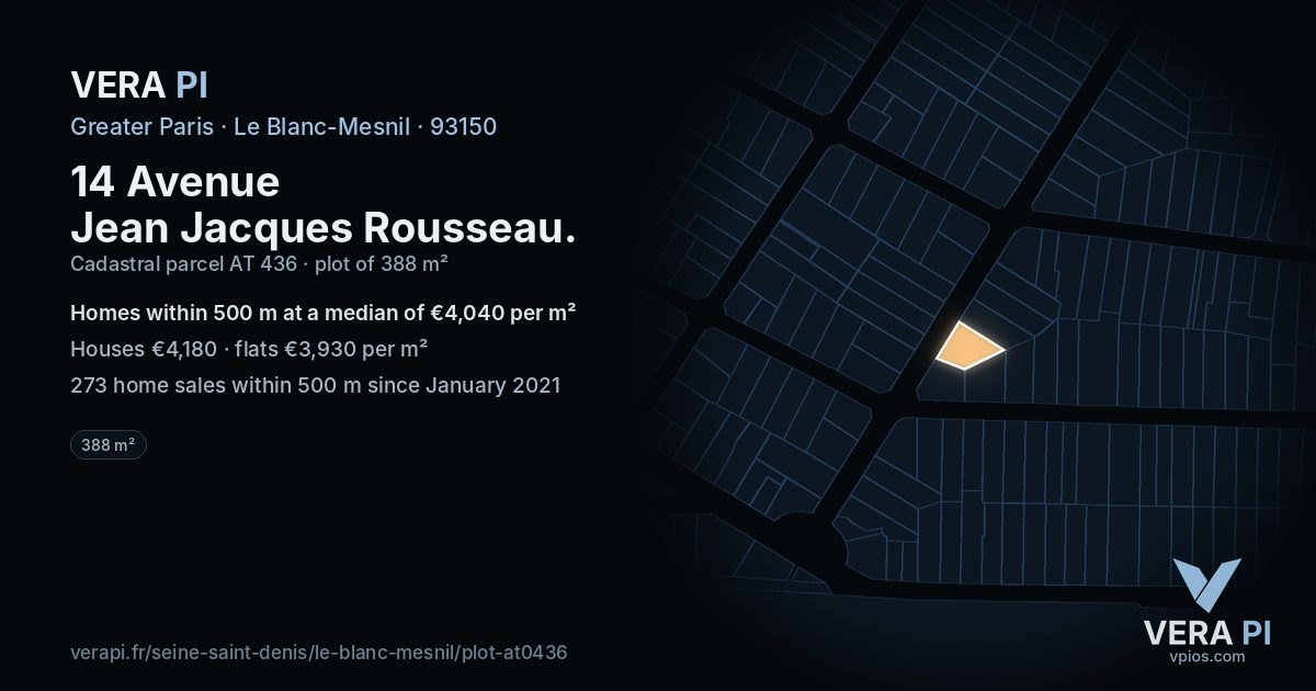 14 Avenue Jean Jacques Rousseau, Le Blanc-Mesnil at night – the plot lit, the parcels around coloured by the prices near them