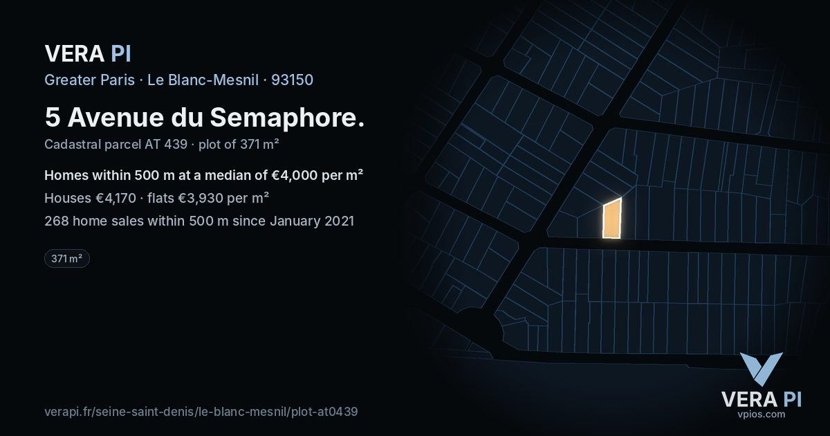 5 Avenue du Semaphore, Le Blanc-Mesnil at night – the plot lit, the parcels around coloured by the prices near them