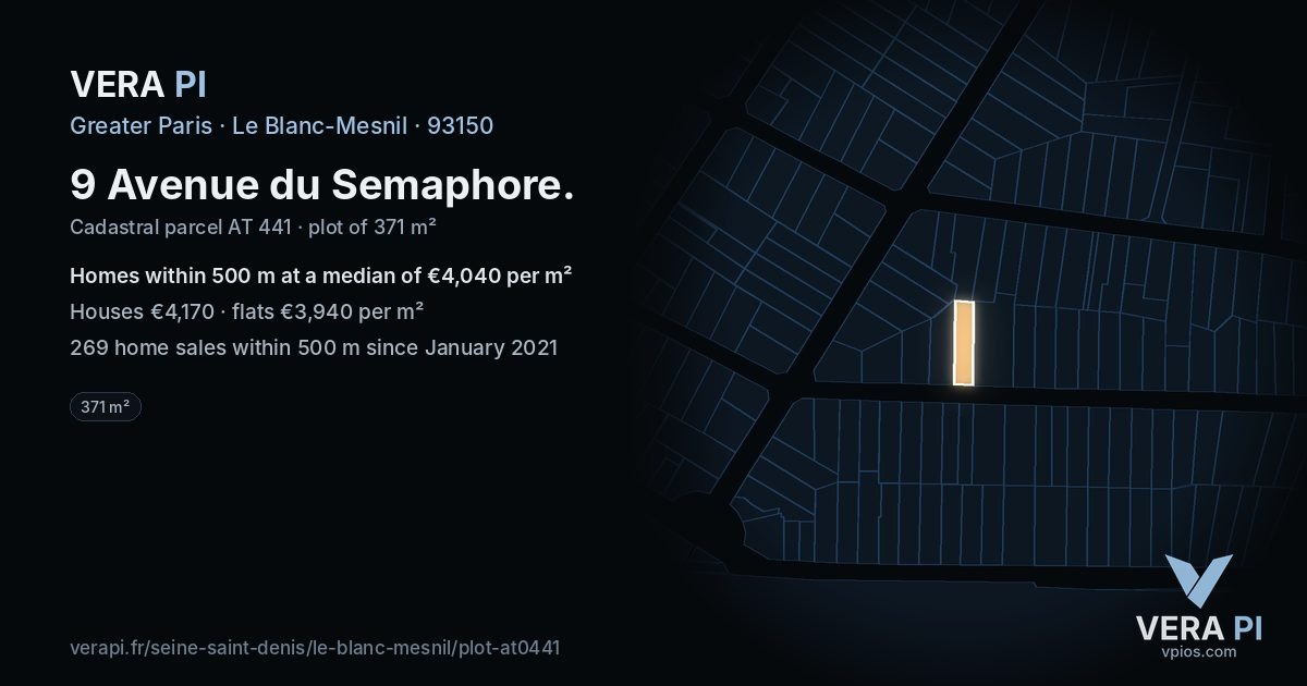 9 Avenue du Semaphore, Le Blanc-Mesnil at night – the plot lit, the parcels around coloured by the prices near them