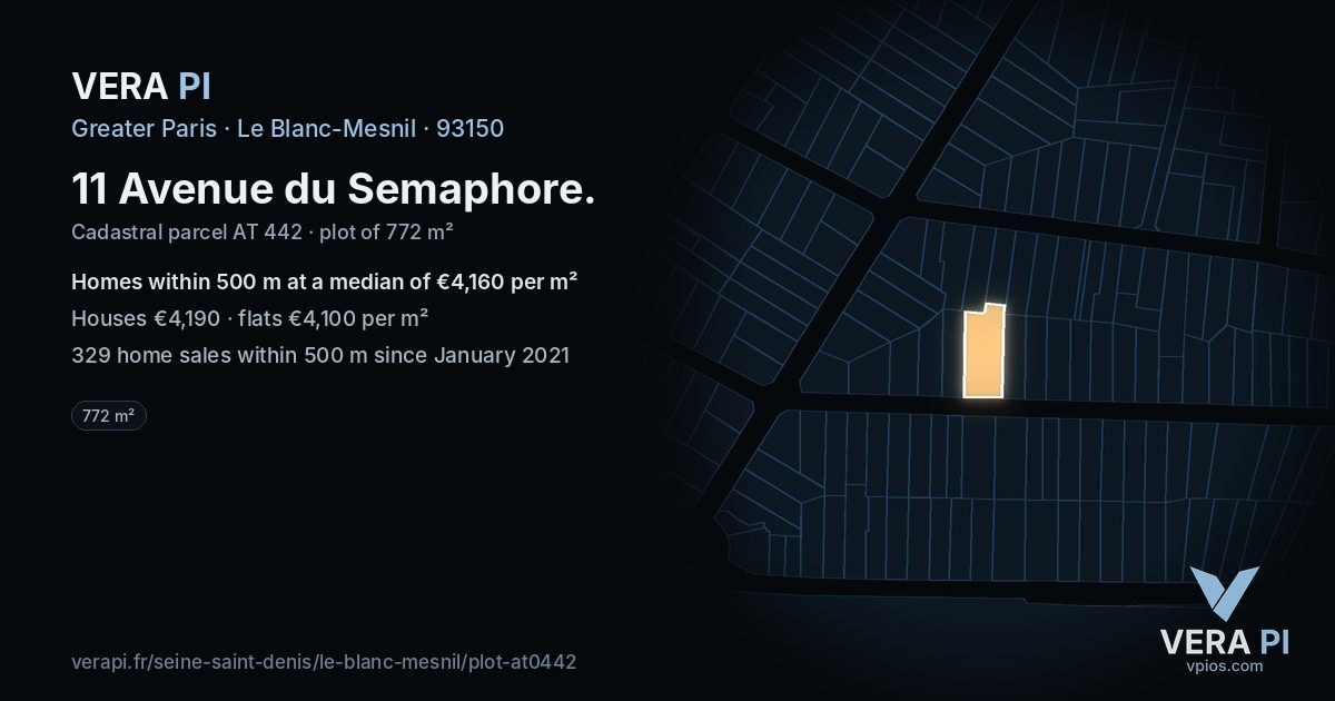 11 Avenue du Semaphore, Le Blanc-Mesnil at night – the plot lit, the parcels around coloured by the prices near them