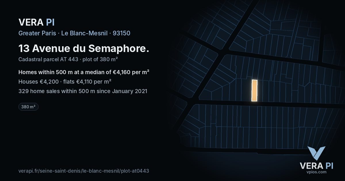 13 Avenue du Semaphore, Le Blanc-Mesnil at night – the plot lit, the parcels around coloured by the prices near them