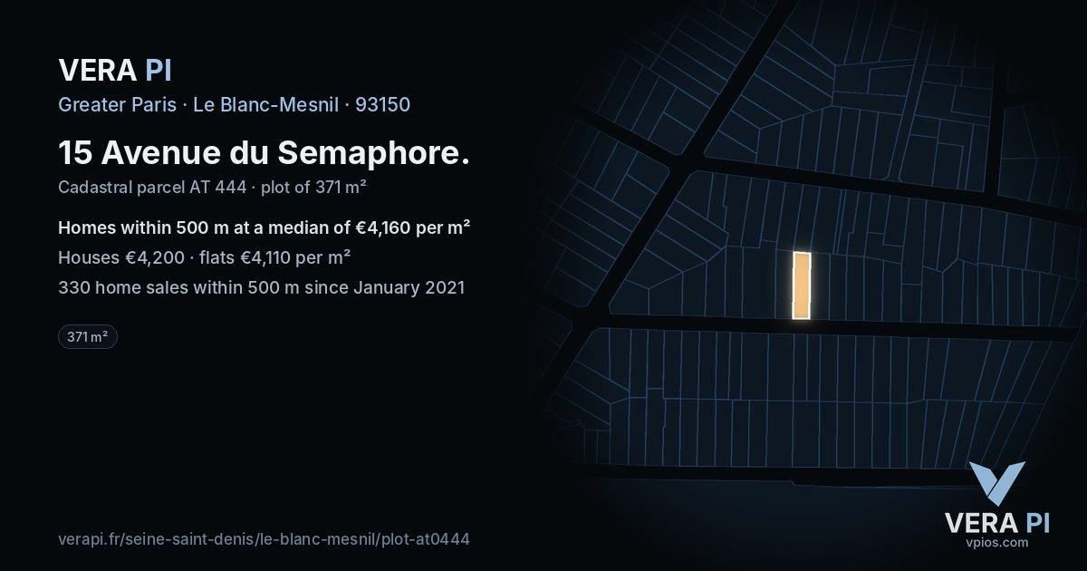 15 Avenue du Semaphore, Le Blanc-Mesnil at night – the plot lit, the parcels around coloured by the prices near them