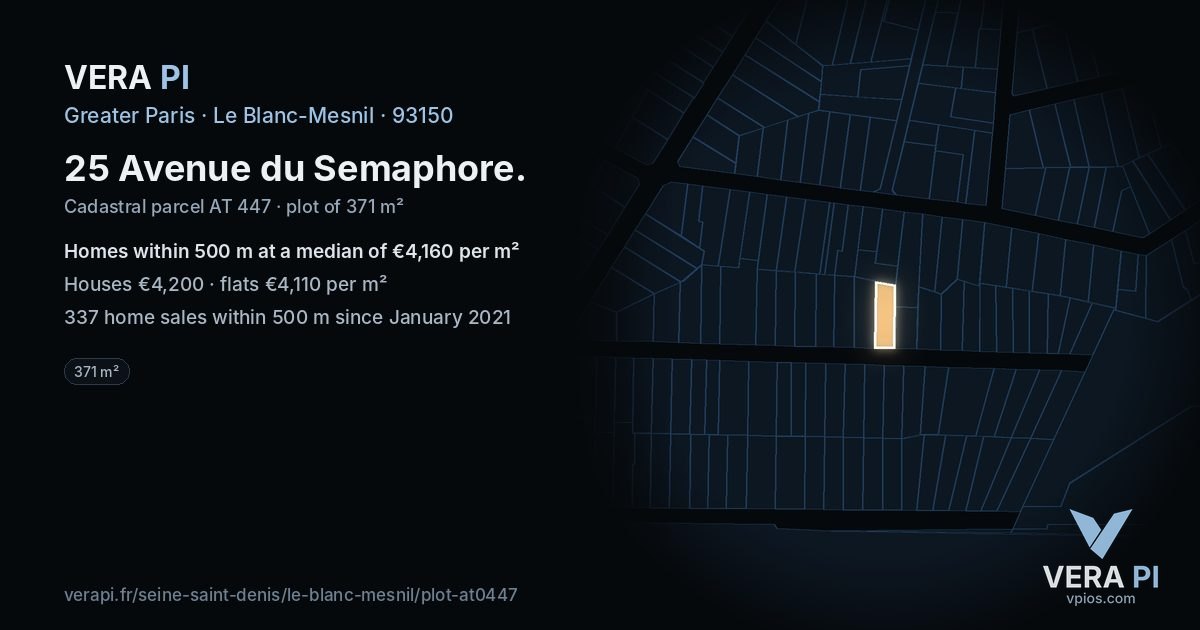 25 Avenue du Semaphore, Le Blanc-Mesnil at night – the plot lit, the parcels around coloured by the prices near them