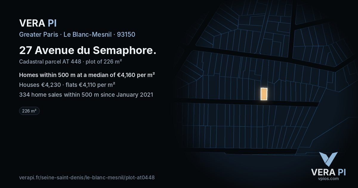 27 Avenue du Semaphore, Le Blanc-Mesnil at night – the plot lit, the parcels around coloured by the prices near them