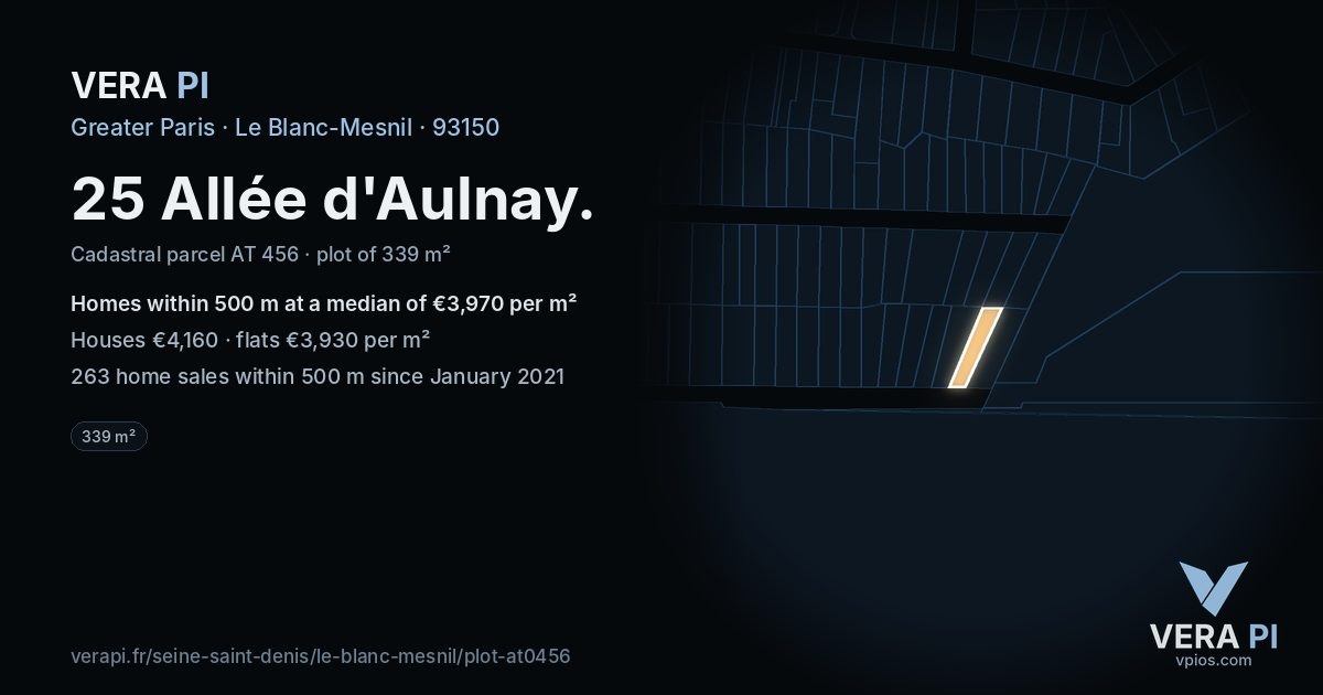 25 Allée d'Aulnay, Le Blanc-Mesnil at night – the plot lit, the parcels around coloured by the prices near them