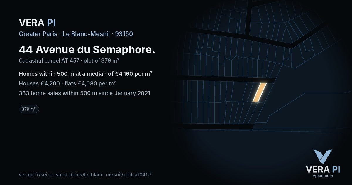 44 Avenue du Semaphore, Le Blanc-Mesnil at night – the plot lit, the parcels around coloured by the prices near them