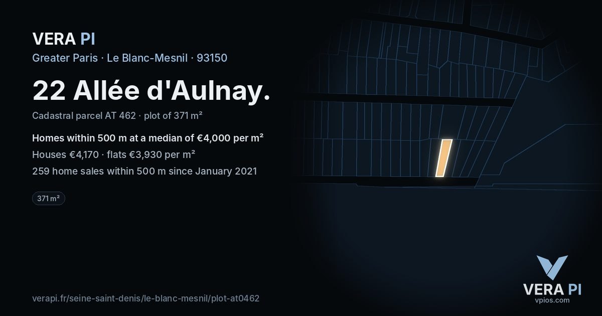 22 Allée d'Aulnay, Le Blanc-Mesnil at night – the plot lit, the parcels around coloured by the prices near them
