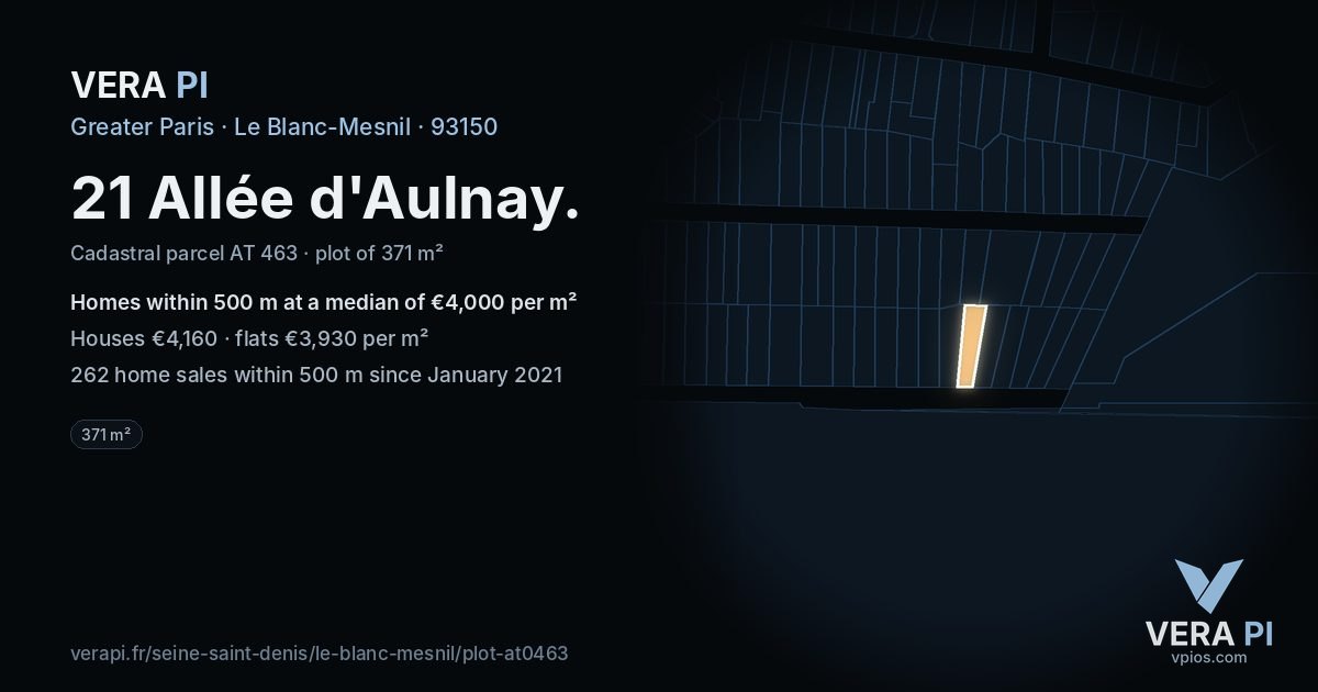 21 Allée d'Aulnay, Le Blanc-Mesnil at night – the plot lit, the parcels around coloured by the prices near them