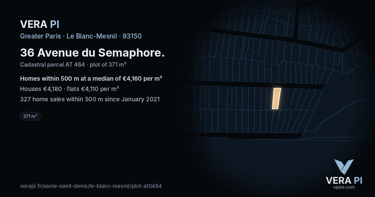 36 Avenue du Semaphore, Le Blanc-Mesnil at night – the plot lit, the parcels around coloured by the prices near them