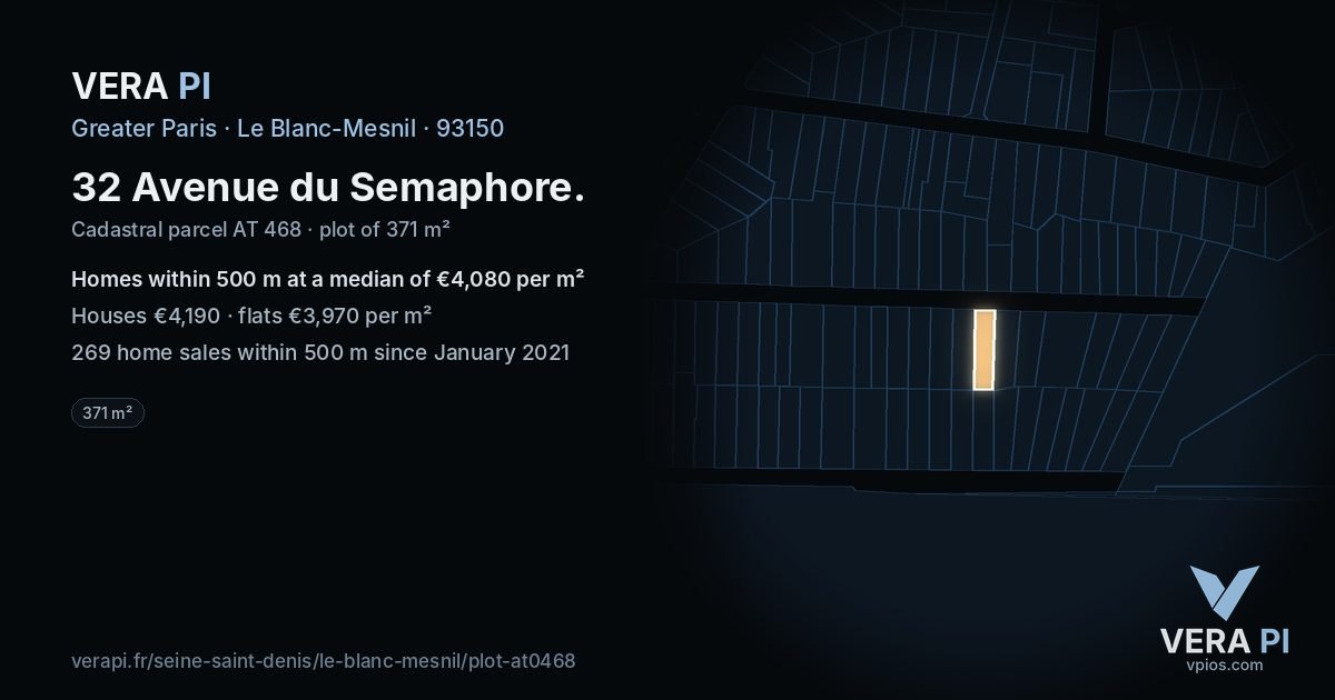 32 Avenue du Semaphore, Le Blanc-Mesnil at night – the plot lit, the parcels around coloured by the prices near them