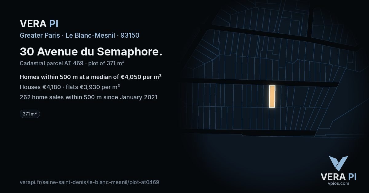 30 Avenue du Semaphore, Le Blanc-Mesnil at night – the plot lit, the parcels around coloured by the prices near them
