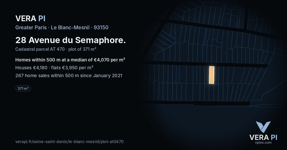 28 Avenue du Semaphore, Le Blanc-Mesnil at night – the plot lit, the parcels around coloured by the prices near them