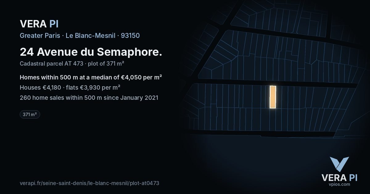 24 Avenue du Semaphore, Le Blanc-Mesnil at night – the plot lit, the parcels around coloured by the prices near them