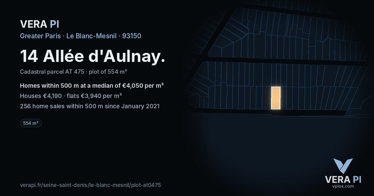 14 Allée d'Aulnay, Le Blanc-Mesnil at night – the plot lit, the parcels around coloured by the prices near them