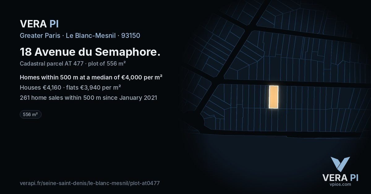 18 Avenue du Semaphore, Le Blanc-Mesnil at night – the plot lit, the parcels around coloured by the prices near them