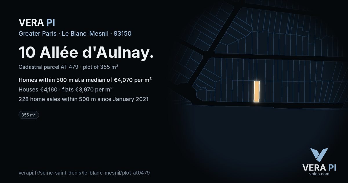 10 Allée d'Aulnay, Le Blanc-Mesnil at night – the plot lit, the parcels around coloured by the prices near them