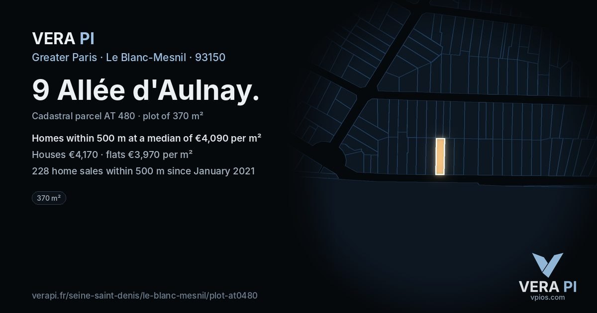 9 Allée d'Aulnay, Le Blanc-Mesnil at night – the plot lit, the parcels around coloured by the prices near them