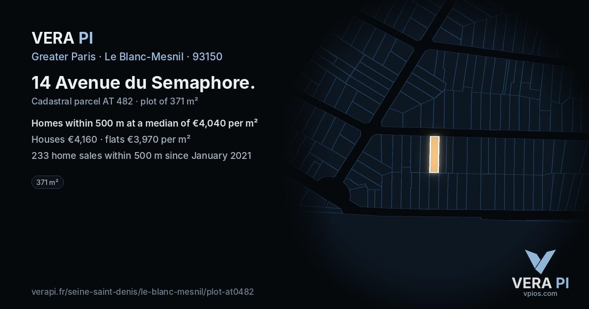 14 Avenue du Semaphore, Le Blanc-Mesnil at night – the plot lit, the parcels around coloured by the prices near them