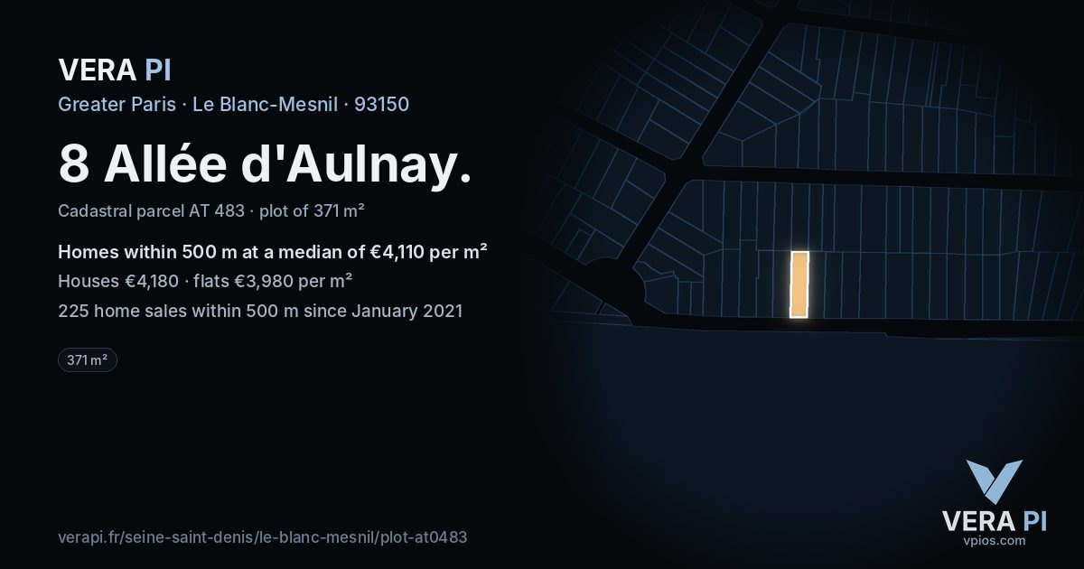 8 Allée d'Aulnay, Le Blanc-Mesnil at night – the plot lit, the parcels around coloured by the prices near them