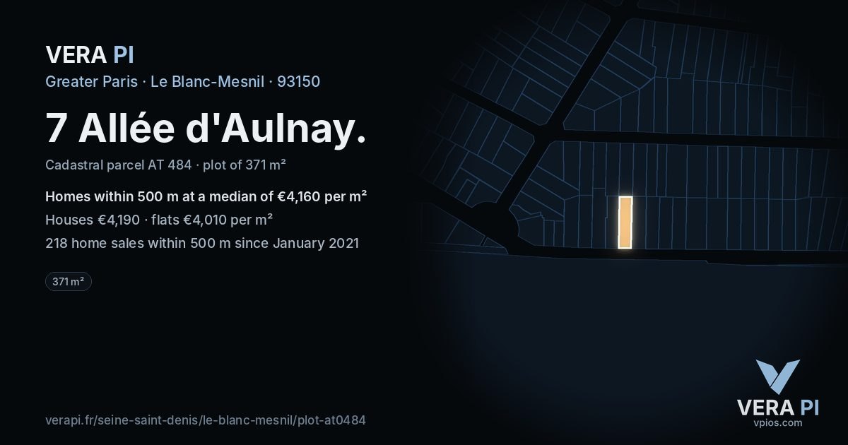 7 Allée d'Aulnay, Le Blanc-Mesnil at night – the plot lit, the parcels around coloured by the prices near them