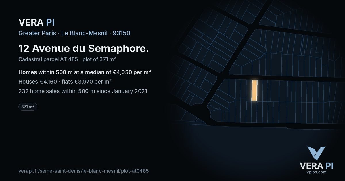 12 Avenue du Semaphore, Le Blanc-Mesnil at night – the plot lit, the parcels around coloured by the prices near them
