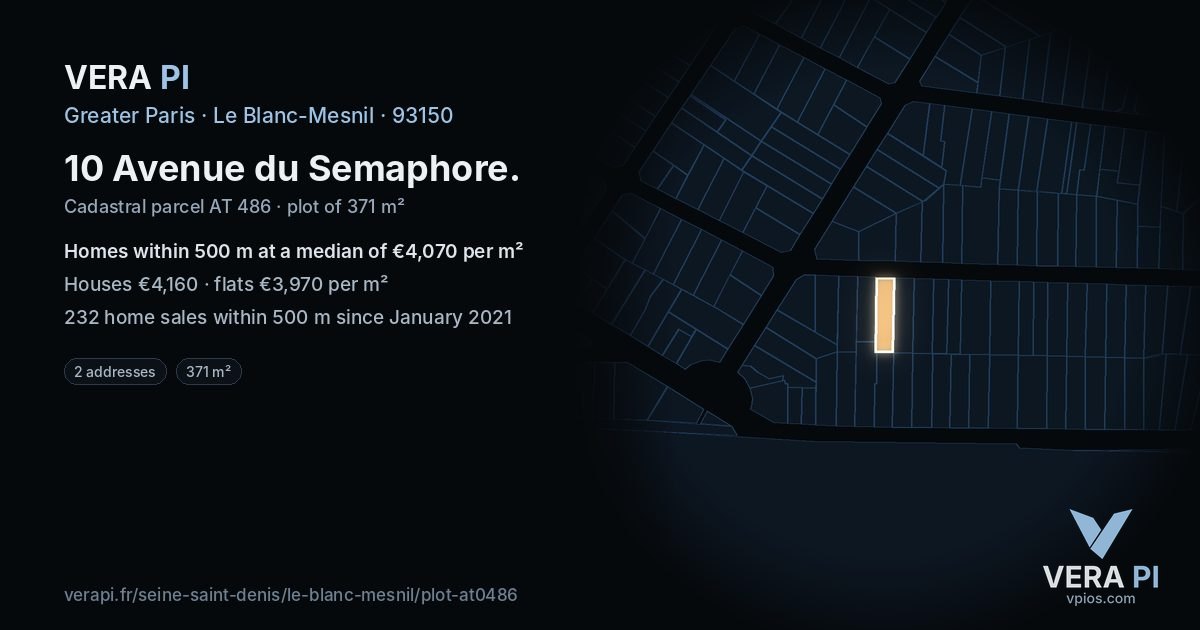 10 Avenue du Semaphore, Le Blanc-Mesnil at night – the plot lit, the parcels around coloured by the prices near them