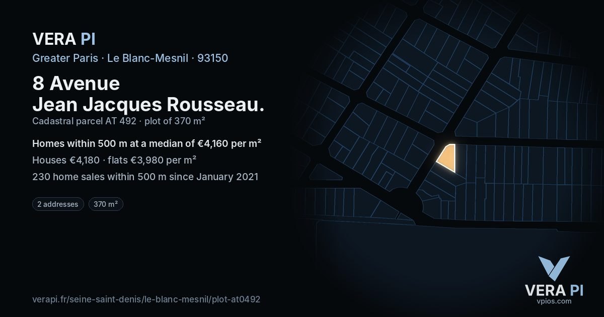 8 Avenue Jean Jacques Rousseau, Le Blanc-Mesnil at night – the plot lit, the parcels around coloured by the prices near them